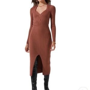 Astr The Label long-sleeve twist-front ribbed knit sweater dress XS brown